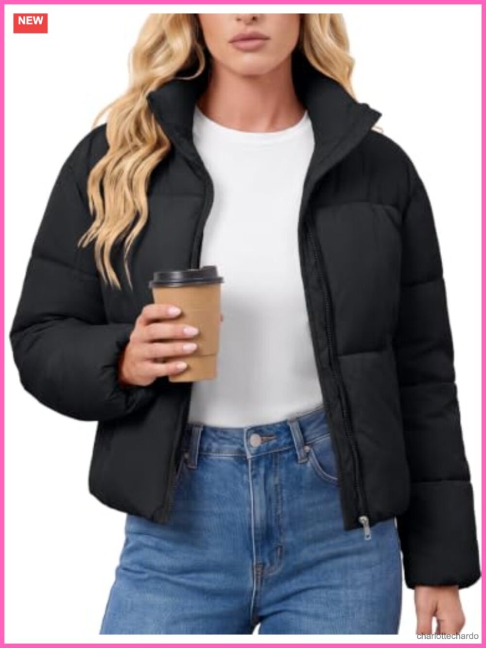 ASPO Cropped Quilted Puffer Jacket Stand Collar Zip Winter Coat